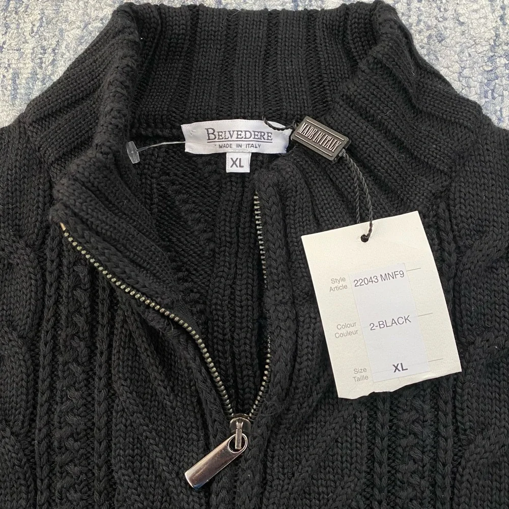 Belvedere Black Chunky Cable Knit Men's XL Cardigan Vintage NWT Old Money Luxury